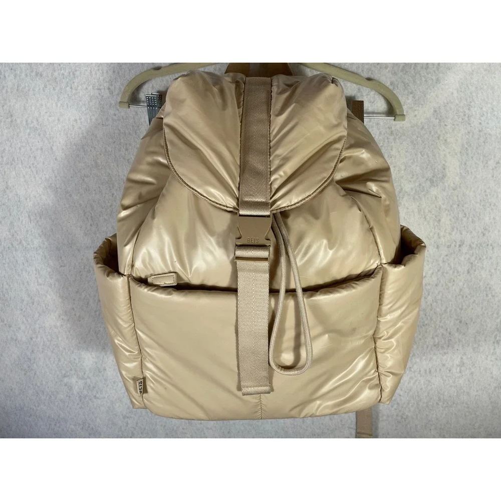 BEIS Puffy Cargo Backpack Beige Tan Quilted Lightweight Travel Bag Buckle Clasp